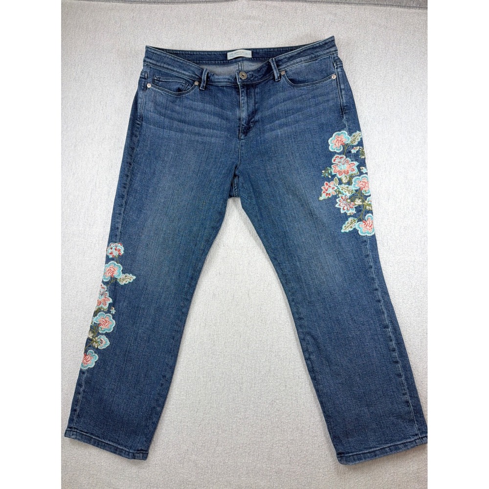Boho J. Jill Fit Cropped Jeans Blue Floral Embroidered Size 12 Stretch cottage